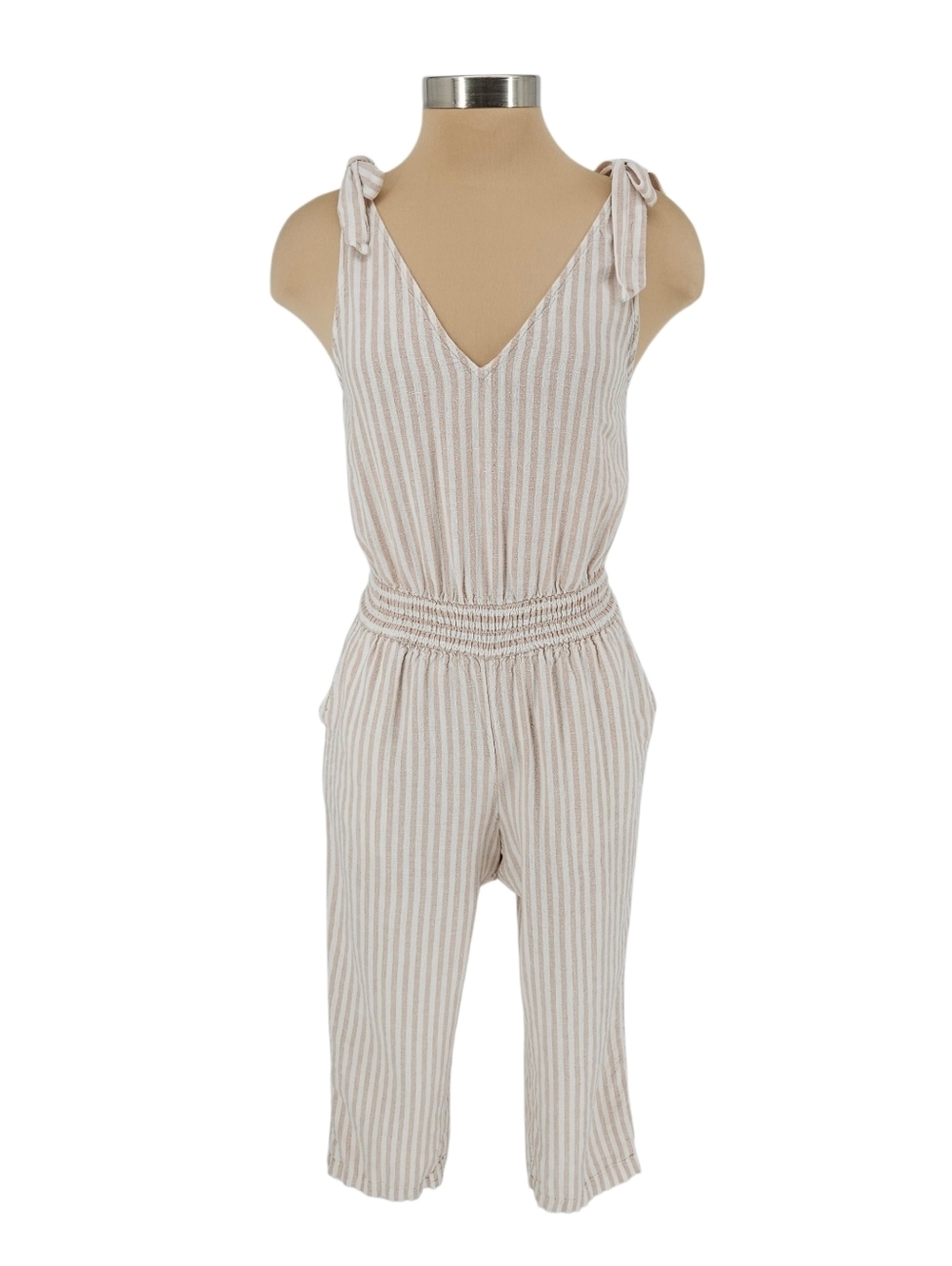 A New Day Cropped Jumpsuit Linen Beige Stripe Tie Straps V Neck Pants Romper XS